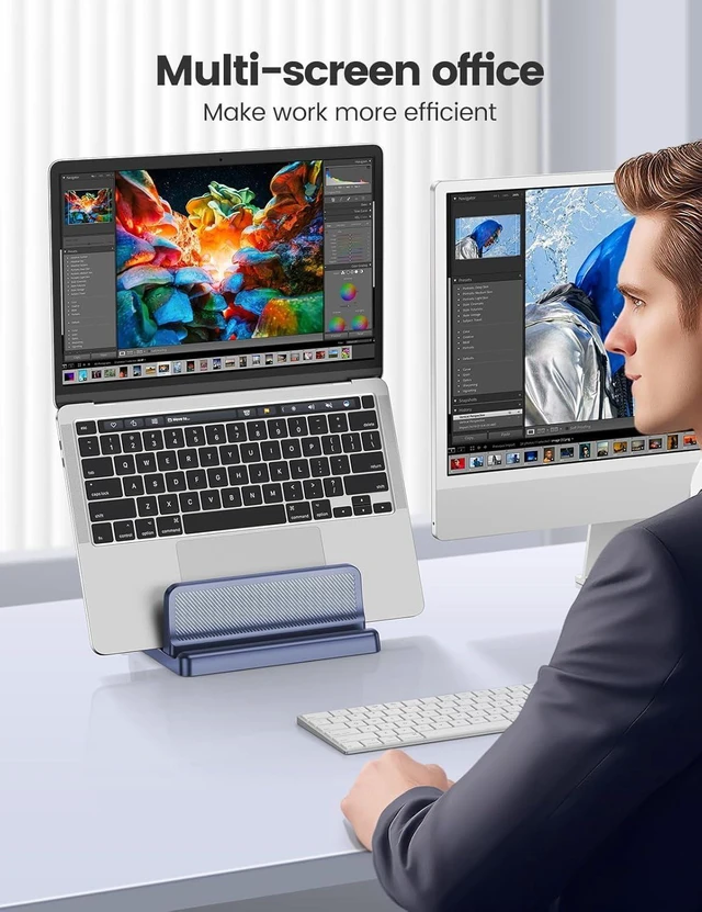 Alt view image 14 of 14 - 4 in 1 Vertical Laptop Stand Holder Adjustable ABS Plastic Desktop Management Notebook Dock Vertical Laptop Stand Space-Saving for All MacBook/Surface//HP//Chrome Book(Drak Blue)