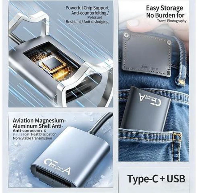 Alt view image 6 of 8 - 2 in 1 USB 3.0 Type C 10Gbps Card Reader with Cable Compatible with CFexpress Type A/ CFexpress Type B & SD Memory Cards Gray CFe-B+SD C