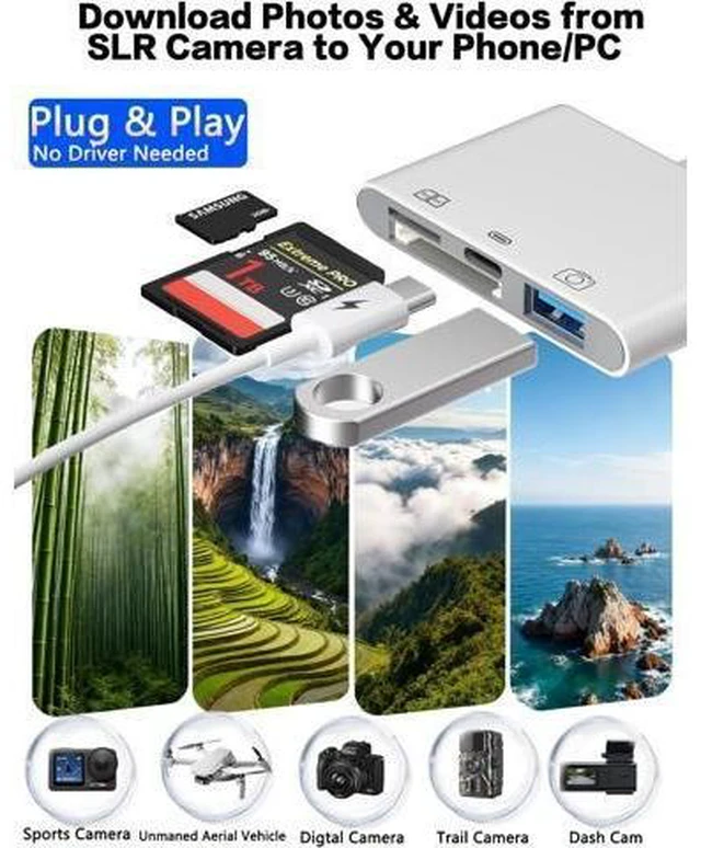 Alt view image 14 of 14 - SD Card Reader for iPhone Pad-OTG Adapter & TF/SD Card Reader with USB-C(Data/Charge/Audio)+USB-A for Digital Camera Photo Transfer Lightning/USB/Type-C 3 Cords to Transfer Photos from Camera to Phone