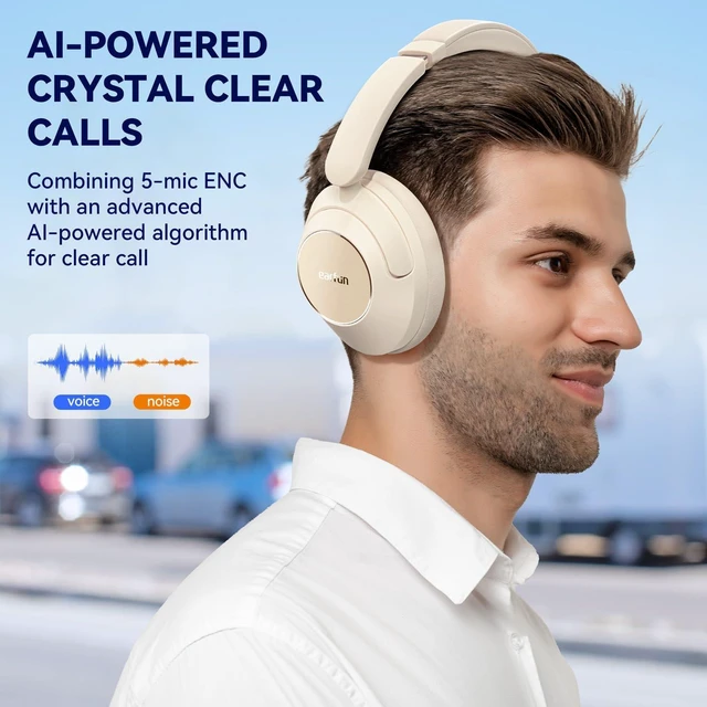 Alt view image 10 of 10 - EarFun Wave Pro Active Noise Canceling Headphones, Wireless Over Ear Bluetooth Headphones, LDAC Hi-Res Sound, 5 Mics AI Clear Call, 80H Playtime, Multipoint Connection, Comfort Fit, Oat White