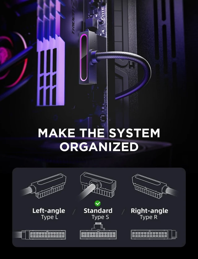 Alt view image 9 of 14 - Hydrus-24PIN PC PSU Extension Cable ARGB LED, Copper Wire Motherboard Power Extension Cable Integrated Minimalist Design, 2000W Power (Whole Set), PC Power Cord for Cable Management & DIY