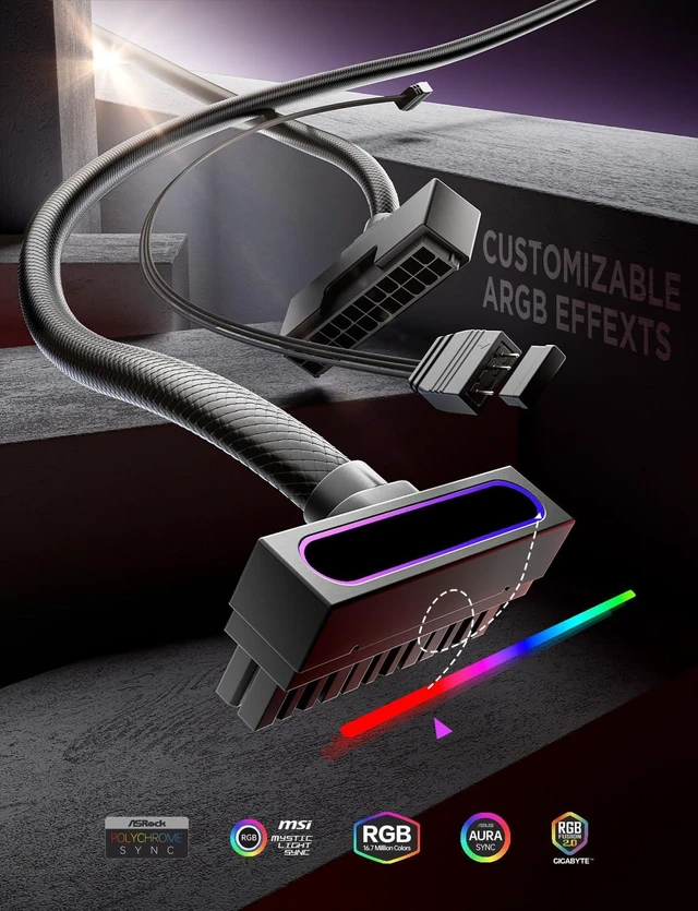 Alt view image 10 of 14 - Hydrus-24PIN PC PSU Extension Cable ARGB LED, Copper Wire Motherboard Power Extension Cable Integrated Minimalist Design, 2000W Power (Whole Set), PC Power Cord for Cable Management & DIY