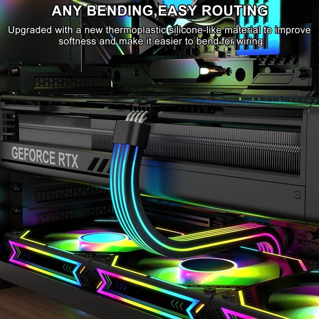 Alt view image 7 of 10 - Sirlyr RGB 8 Pin PCIE Cable,Bright ARGB GPU Cables Extension for RTX 3060 4060 4070 Radeon RX 6600 580 Graphics Card Power Supply 5V3Pin PC Case Accessory Black