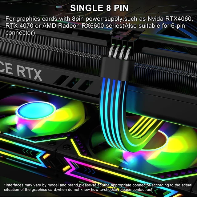 Alt view image 8 of 10 - Sirlyr RGB 8 Pin PCIE Cable,Bright ARGB GPU Cables Extension for RTX 3060 4060 4070 Radeon RX 6600 580 Graphics Card Power Supply 5V3Pin PC Case Accessory Black