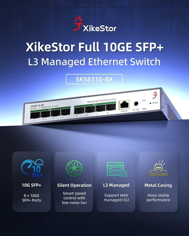Alt view image 8 of 12 - 8-Port 10Gbps SFP+ L3 Managed SwitchSupports 1/2.5/10G Modules, 160Gbps BandwidthSupported DHCP/OSPF/BGP/RIP/VLAN/ACL/LACP/ARP/IGMP, Intelligent Fan Cooling, Desktop/Wall-Mount