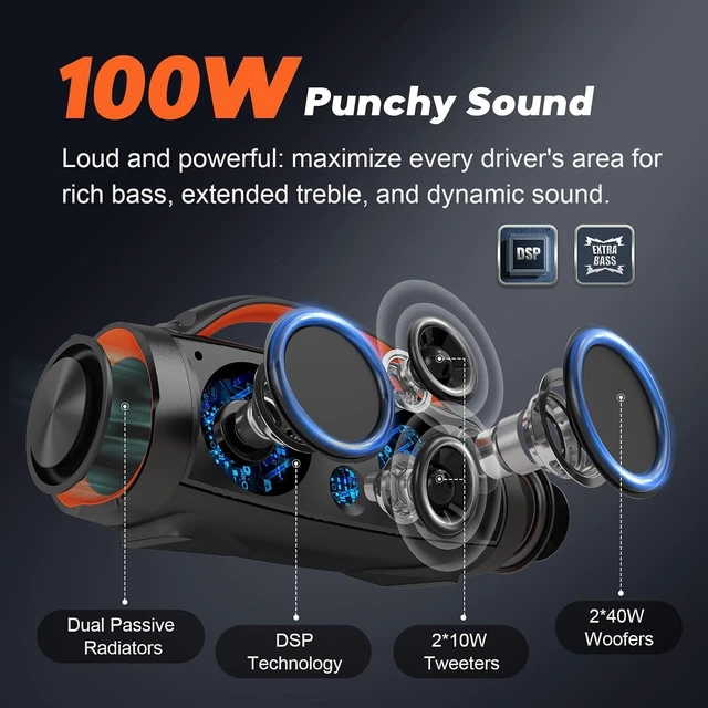 Alt view image 12 of 14 - Extreme Boom Pro 100W Loud Outdoor Speaker, 2+2 Channel, IPX6 Waterproof, Bluetooth 5.3, 20H Playtime, Dynamic Lights, Portable Speaker for Camping, Beach, Pool, Working Outside - Orange