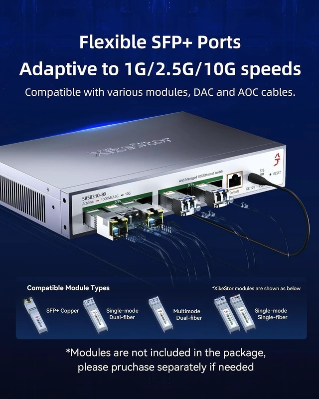 Alt view image 12 of 12 - 8-Port 10Gbps SFP+ L3 Managed SwitchSupports 1/2.5/10G Modules, 160Gbps BandwidthSupported DHCP/OSPF/BGP/RIP/VLAN/ACL/LACP/ARP/IGMP, Intelligent Fan Cooling, Desktop/Wall-Mount