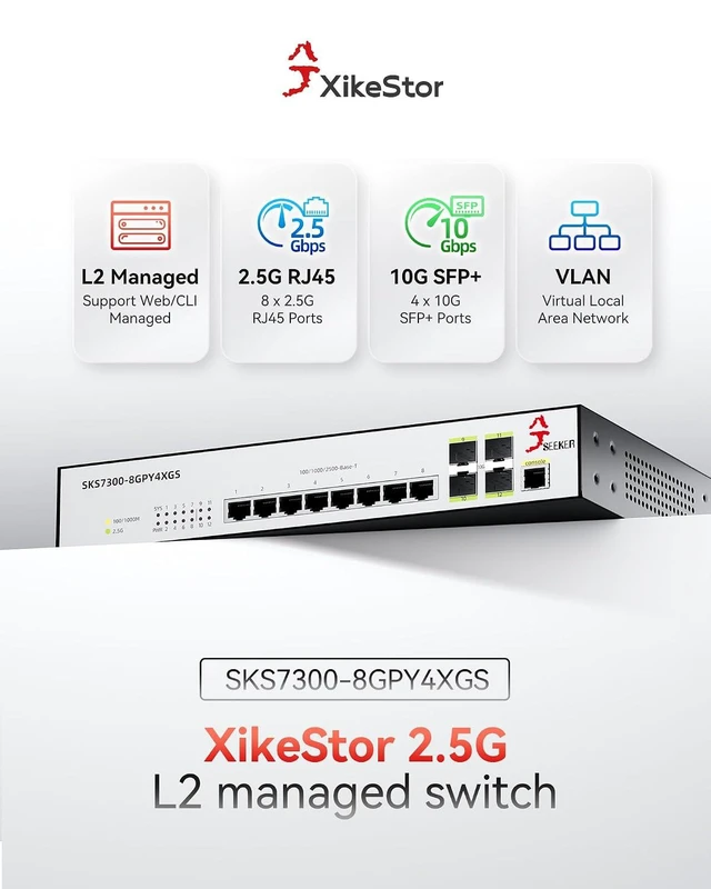 Alt view image 9 of 14 - 12-Port 2.5GbE L2 Managed Switch | 8X 2.5G RJ45 + 4X 10G SFP+ | VLAN, QoS, IGMP, SNMP | Web/CLI Managed | Metal Rack-Mount