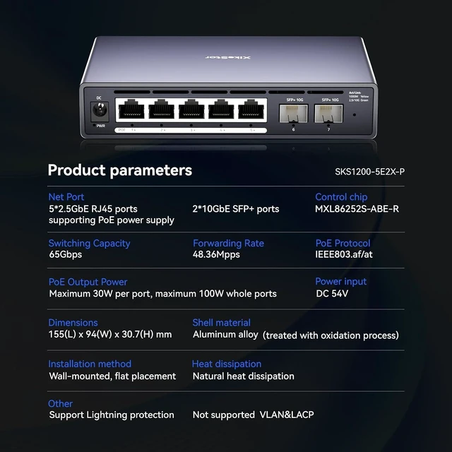 Alt view image 10 of 14 - 7 Port Switch, 5 Port 2.5G PoE Switch, 2 Port 10G SFP+, IEEE802.3af/at, Total Power Supply 100W, Maximum Power per Port 30W, unmanaged, Plug and Play, Compatible with 100/1000/2500Mbps, fanless
