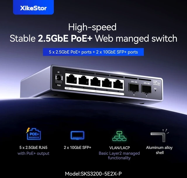 Alt view image 9 of 14 - 7 port 2.5Gb Managed POE Switch,5 x 2.5G Base-T POE Ports, 2 x 10G SFP,30W Per Port, 30W Per Port,100W Total, IEEE 802.3af/at Metal FanlessDesktop/Wall Mount,Plug & Play, for IP Cameras, NAS