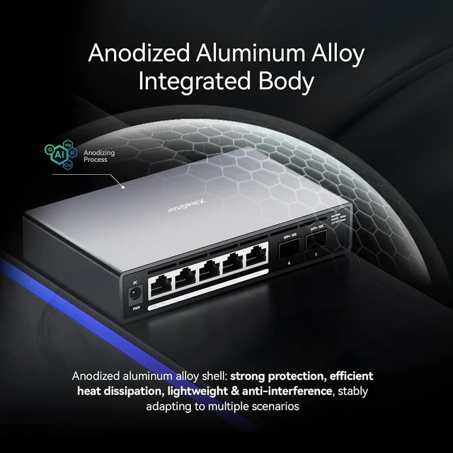 Alt view image 14 of 14 - 7 Port Switch, 5 Port 2.5G PoE Switch, 2 Port 10G SFP+, IEEE802.3af/at, Total Power Supply 100W, Maximum Power per Port 30W, unmanaged, Plug and Play, Compatible with 100/1000/2500Mbps, fanless