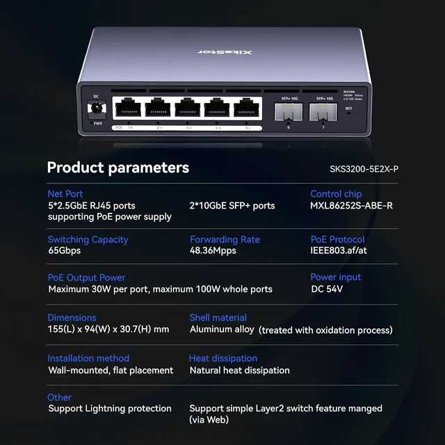 Alt view image 10 of 14 - 7 port 2.5Gb Managed POE Switch,5 x 2.5G Base-T POE Ports, 2 x 10G SFP,30W Per Port, 30W Per Port,100W Total, IEEE 802.3af/at Metal FanlessDesktop/Wall Mount,Plug & Play, for IP Cameras, NAS