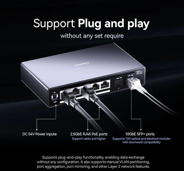 Alt view image 12 of 14 - 7 port 2.5Gb Managed POE Switch,5 x 2.5G Base-T POE Ports, 2 x 10G SFP,30W Per Port, 30W Per Port,100W Total, IEEE 802.3af/at Metal FanlessDesktop/Wall Mount,Plug & Play, for IP Cameras, NAS