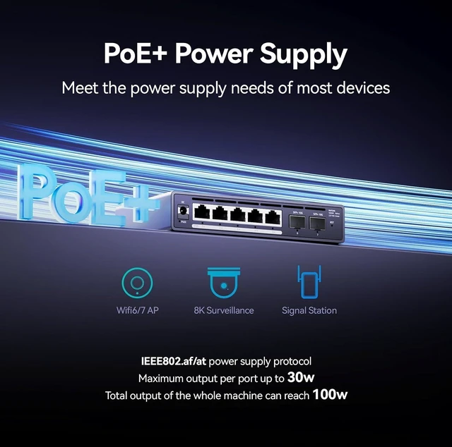 Alt view image 13 of 14 - 7 port 2.5Gb Managed POE Switch,5 x 2.5G Base-T POE Ports, 2 x 10G SFP,30W Per Port, 30W Per Port,100W Total, IEEE 802.3af/at Metal FanlessDesktop/Wall Mount,Plug & Play, for IP Cameras, NAS