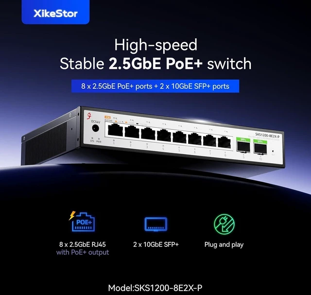 Alt view image 9 of 14 - 10 Port 2.5Gb PoE SwitchUmanaged Managed Network Switch8 Port 2.5G RJ45 PoE2 Port 10G SFP+, IEEE8023af/atTotal Power 100W, 30W per Port, FanlessSupports AP, VoIP Phone, IP Camera, NVR