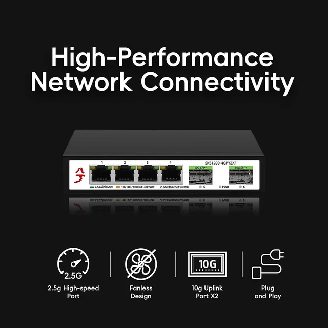 Alt view image 10 of 14 - 6-Port 2.5G Unmanaged Ethernet Switch, 2.5 Gigabit Network Switch, 4X 2.5G RJ45 Ports&2X 10G SFP+, Ethernet Splitter, Metal Housing, Plug&Play