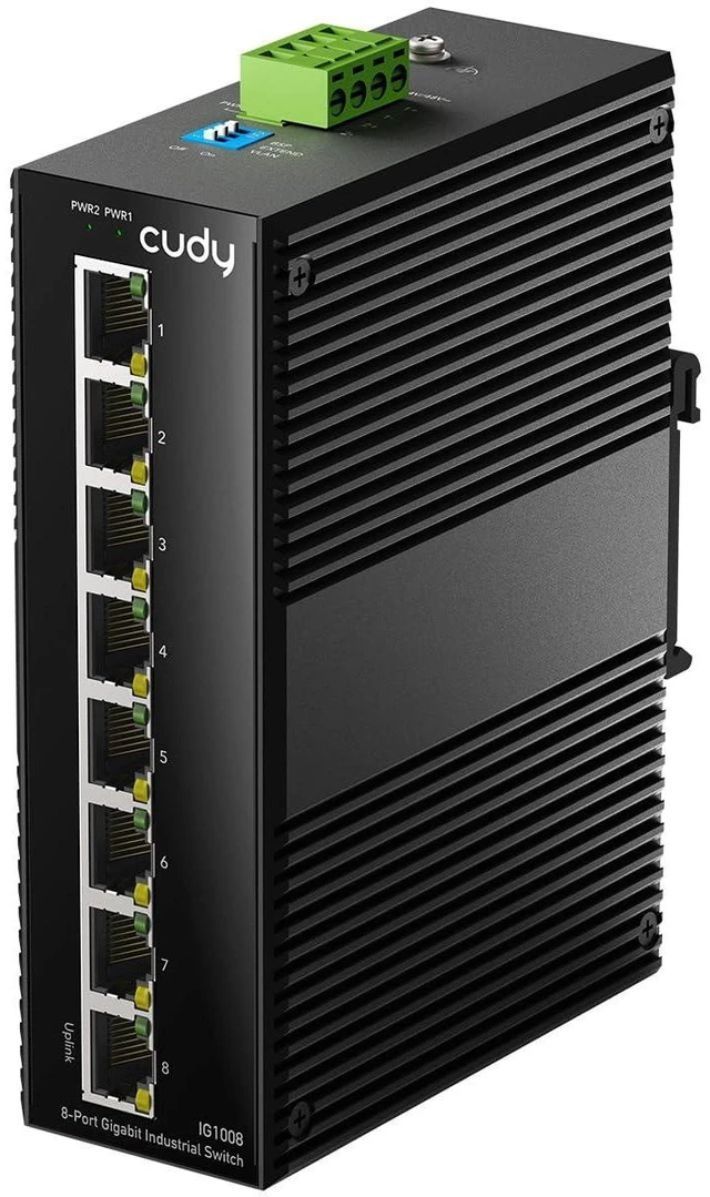 Alt view image 2 of 2 - 8 Port Gigabit Industrial Network Switch, DIN-Rail Switch IP40 Rated, Polarity Reverse Protection, Short Circuit Protection, Broadcast Storm Prevention On/Off, IG1008