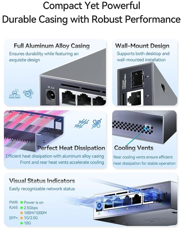 Alt view image 12 of 14 - 7 Port 2.5G Unmanaged Ethernet Switch with 2x10G SFP+ , 2.5 Gigabit Network Switch, 2.5Gb Ethernet Hub, Plug & Play, Metal Housing, Desktop/Wall-Mount