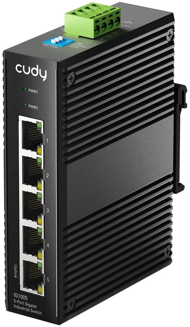 Alt view image 2 of 2 - 5 Port Gigabit Industrial Network Switch , DIN-Rail Switch IP40 Rated, Polarity Reverse Protection, Short Circuit Protection, Broadcast Storm Prevention On/Off, IG1005