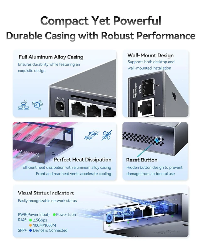 Alt view image 11 of 14 - 6-Port 2.5G Web Managed Ethernet Switch, VLAN/QoS/STP/IGMP/LACP Supported, Fanless Easy Smart 2.5Gb Network Switch, Aluminum Housing, Desktop/Wall-Mount