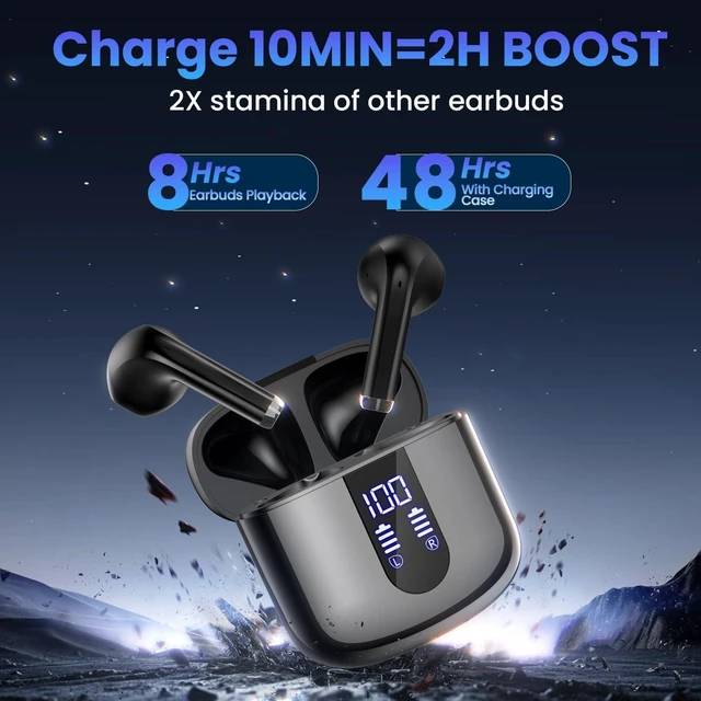 Alt view image 10 of 14 - Wireless Earbuds Bluetooth Headphones with Deep Bass Stereo 48H Playback Ear Buds with LED Power Display Lightweight IPX7 in-Ear Earphones with Mic for iPhone/Android/iPad Black