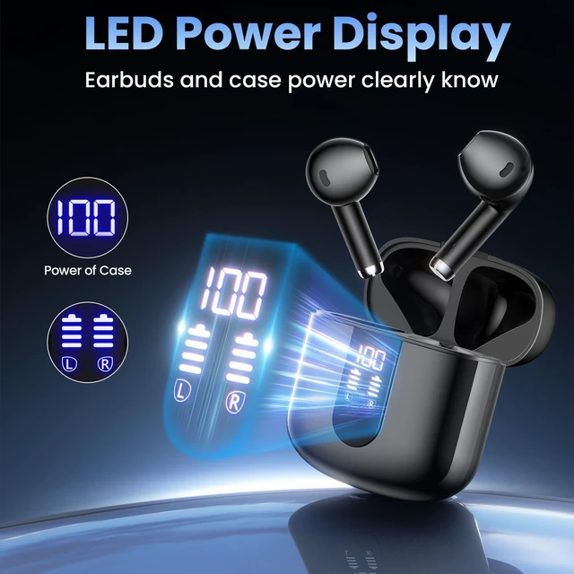 Alt view image 13 of 14 - Wireless Earbuds Bluetooth Headphones with Deep Bass Stereo 48H Playback Ear Buds with LED Power Display Lightweight IPX7 in-Ear Earphones with Mic for iPhone/Android/iPad Black