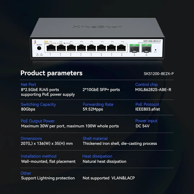 Alt view image 10 of 14 - 10 Port 2.5Gb PoE SwitchUmanaged Managed Network Switch8 Port 2.5G RJ45 PoE2 Port 10G SFP+, IEEE8023af/atTotal Power 100W, 30W per Port, FanlessSupports AP, VoIP Phone, IP Camera, NVR