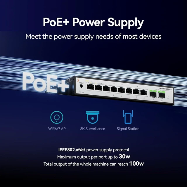 Alt view image 13 of 14 - 10 Port 2.5Gb PoE SwitchUmanaged Managed Network Switch8 Port 2.5G RJ45 PoE2 Port 10G SFP+, IEEE8023af/atTotal Power 100W, 30W per Port, FanlessSupports AP, VoIP Phone, IP Camera, NVR