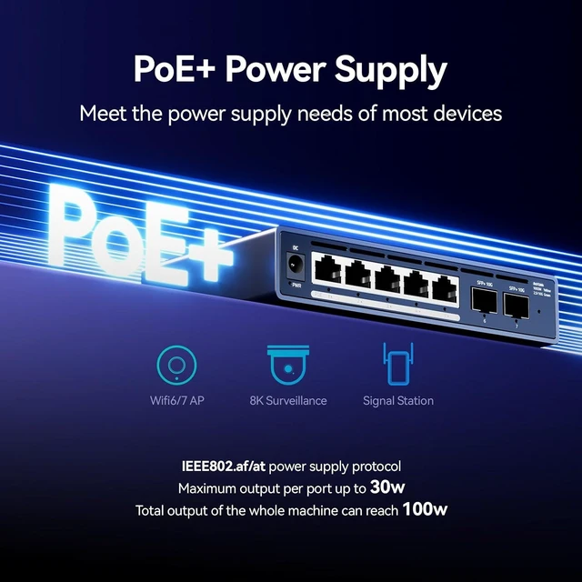 Alt view image 13 of 14 - 7 Port Switch, 5 Port 2.5G PoE Switch, 2 Port 10G SFP+, IEEE802.3af/at, Total Power Supply 100W, Maximum Power per Port 30W, unmanaged, Plug and Play, Compatible with 100/1000/2500Mbps, fanless