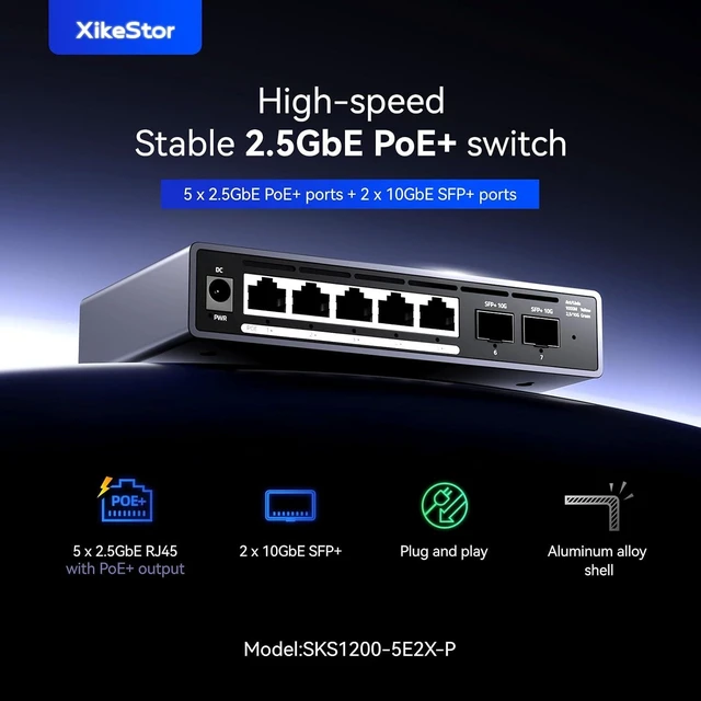Alt view image 9 of 14 - 7 Port Switch, 5 Port 2.5G PoE Switch, 2 Port 10G SFP+, IEEE802.3af/at, Total Power Supply 100W, Maximum Power per Port 30W, unmanaged, Plug and Play, Compatible with 100/1000/2500Mbps, fanless
