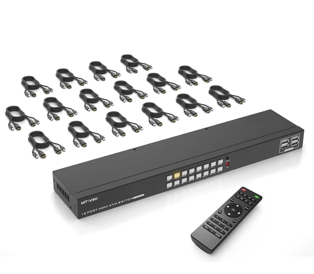 Alt view image 2 of 2 - 4K 16 Port KVM Switch HDMI, 4K@30Hz Rack Mount KVM Console w/16 Cables + 4 USB 2.0 Devices + Remote, Support EDID Storage, HDMI 1.4, HDCP 1.4 for 16 Computers/Servers, Fit 1U 19'' Rack