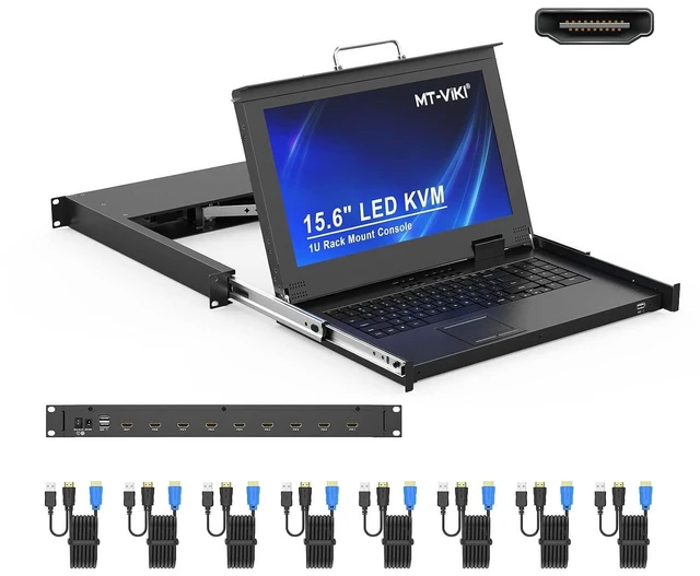 Alt view image 2 of 2 - Rack Mount KVM Console w/15.6" LCD Monitor, 8 Port HDMI KVM Switch, 1920x1080@60Hz 1U Integrated Monitor Keyboard, Fits 18.9" to 31.5" Deep Racks (480-800mm), Included 8 Cables