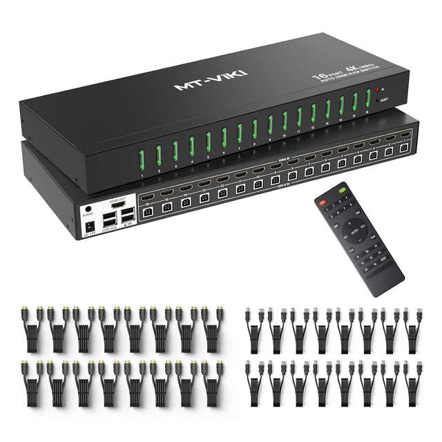 Alt view image 2 of 2 - 16 Port KVM Switch HDMI 4K@60Hz w/Remote, Support Keyboard Hotkey Switch 1U Rack Mount KVM HDMI with 3.5mm Audio, 16 Pack Cables Included (Industrial Grade)