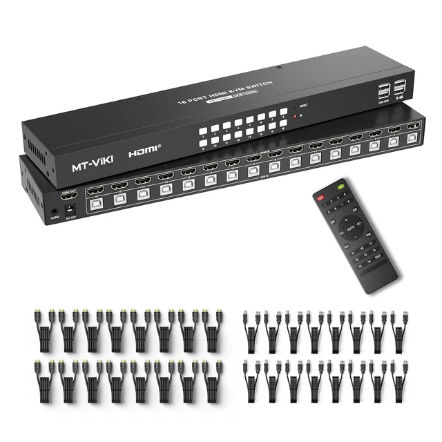 Alt view image 2 of 2 - 4K@60Hz KVM Switch HDMI 16 Port w/16 Cables & 3.5mm Audio, Rack Mount KVM Switch, 4 USB 2.0,HDMI 2.0,HDCP 2.2 for 16 Computers/Servers, Fit 1U 19'' Rack