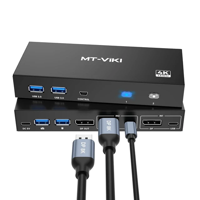 Alt view image 3 of 3 - 8K Displayport KVM Switch 2 in 1 Out DP1.4 with 4 USB 3.0 Ports, Support 8K@60Hz 4K@144Hz Share 1 Monitor Keyboard Mouse U-Disk Printer, with 2 USB A to C Cables