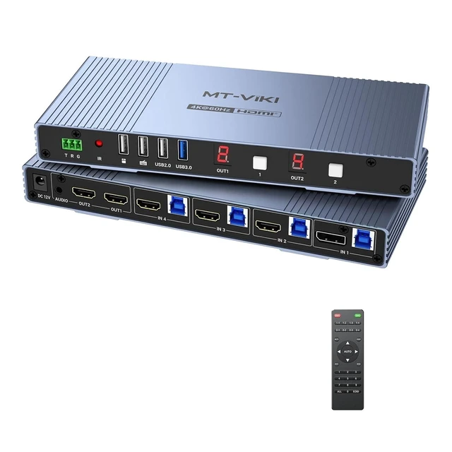 Alt view image 2 of 2 - Seamless 4x2 HDMI Matrix KVM Switch, HDMI+DP KVM Switch for 4 Computers 2 Monitors, 4K@60Hz/2K@144Hz, 3.5mm Audio Ouput, Support Mouse Switching+ Hotkey