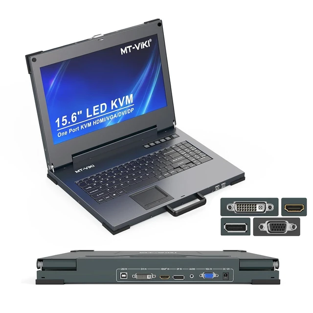 Alt view image 2 of 2 - Portable KVM Console (Crash Cart) 15.6" 4K LCD, HDMI/DP/VGA, Built-in Battery, for Server & Data Center Maintenance