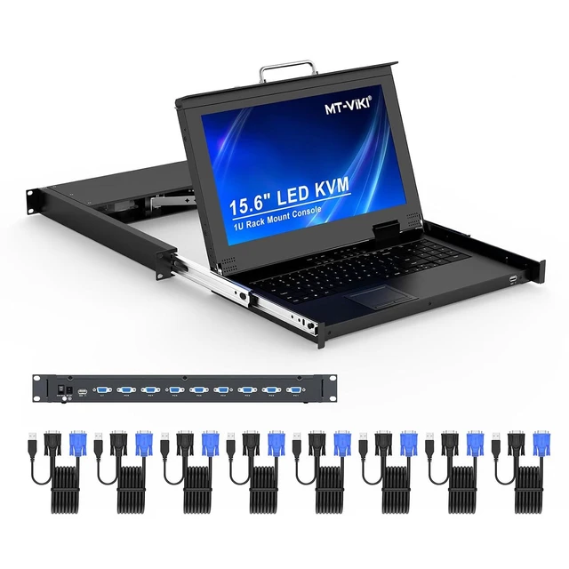 Alt view image 2 of 2 - Rack Mount KVM w/15.6" LCD Monitor, 8 Port VGA KVM Switch, 1080@60Hz 1U Integrated Monitor Keyboard, Fits 18.9" to 31.5" Deep Racks (480-800mm), Included 8 Cables for Server Room, Data Center