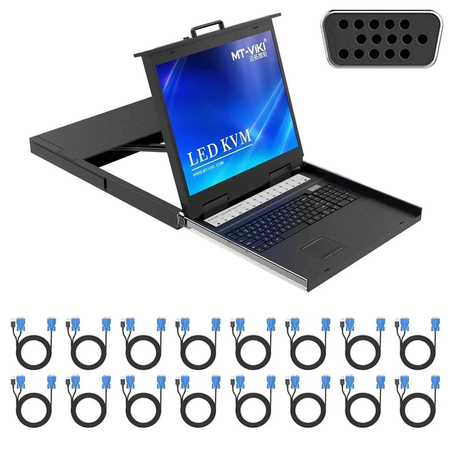 Alt view image 3 of 3 - 19'' LCD KVM Console, 16 Port VGA KVM Switch w/Keyboard+Monitor+Mouse+Drawer+Touchpad, Support OSD/Hotkey/Panel Button Switching (Included 16 KVM Cables)