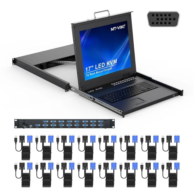 Alt view image 3 of 3 - Rack KVM Switch w/17'' LCD Monitor, 16 Port VGA KVM Switch with Keyboard Touchpad Monitor, Fit for 1U 19'' Rack, OSD/Hotkey/Button with 16 VGA KVM Cable
