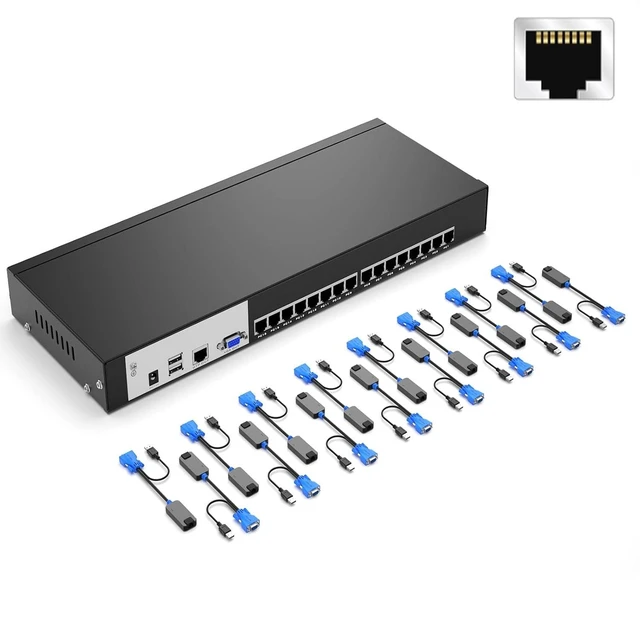 Alt view image 3 of 3 - Rack Mount KVM, 16 Port VGA KVM Console Over CAT6 Cable 16 Packs USB VGA to CAT6 Dongle Included