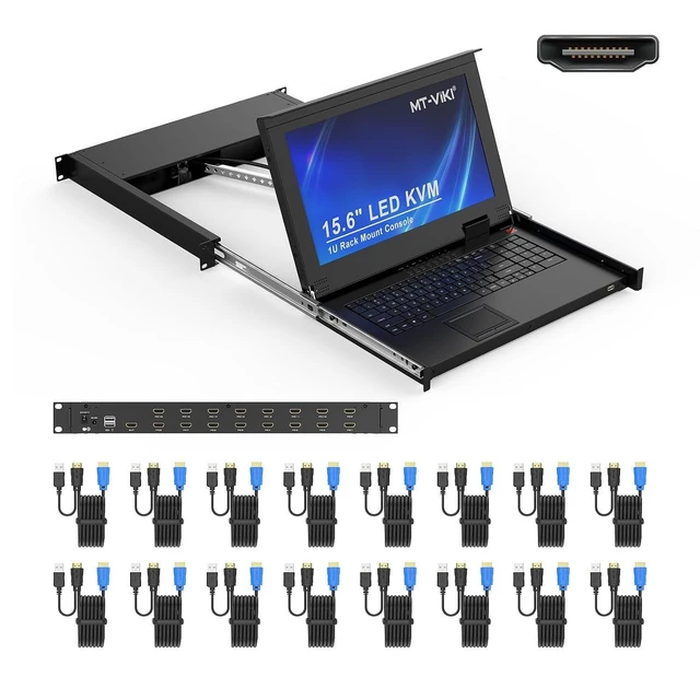 Alt view image 3 of 3 - 16-Port HDMI LCD KVM Console, 1U Rack Mount with 15.6'' LCD Monitor, 1080P@60Hz + 16 KVM Cables, for Short-Depth & Standard Rack