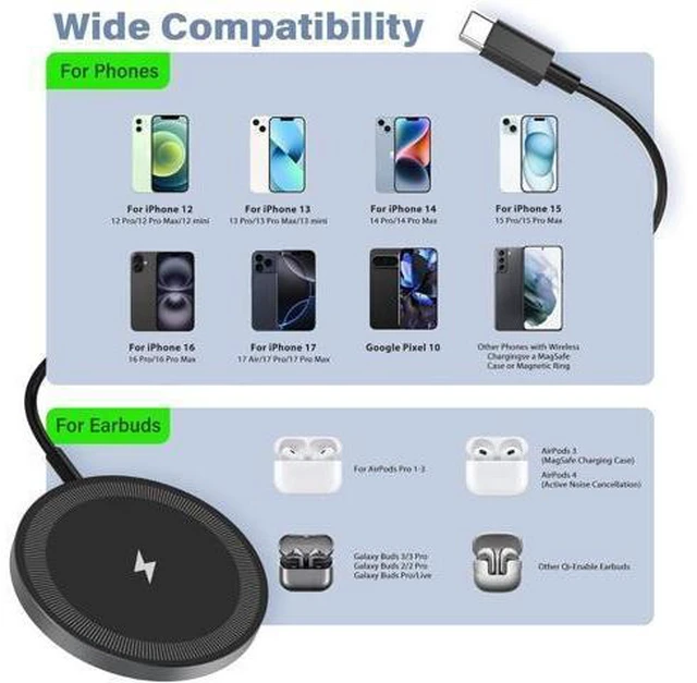 Alt view image 9 of 14 - Magnetic Wireless Charger Charging Pad: 15W Qi Fast Portable for iPhone 17 16e 16 15 14 13 12 Series & AirPods 4 3 2 Pro-Google Pixel 10 Series & Galaxy S25 Qi2 Ready-USB-C/A Dual Ports 3 Pack Black