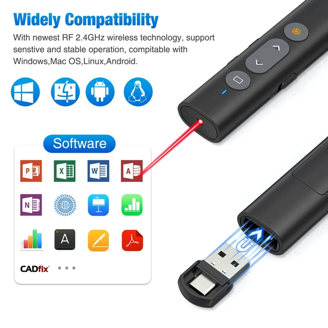 Alt view image 12 of 14 - 2 in 1 USB Type C Presentation Clicker with Laser Pointer, Wireless Presenter for PowerPoint Presentation PPT Clicker, 2.4GHz Presenter Remote Slide Advancer with Bright Red Laser Pointer