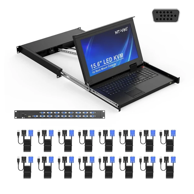 Alt view image 2 of 2 - 16 Port VGA KVM Console, 1U Rack Mount KVM Console w/15.6'' LCD Monitor, 1080P All-in-ONE LCD KVM Console Integrated Touchpad+Keyboard+Drawer+16 KVM Cables