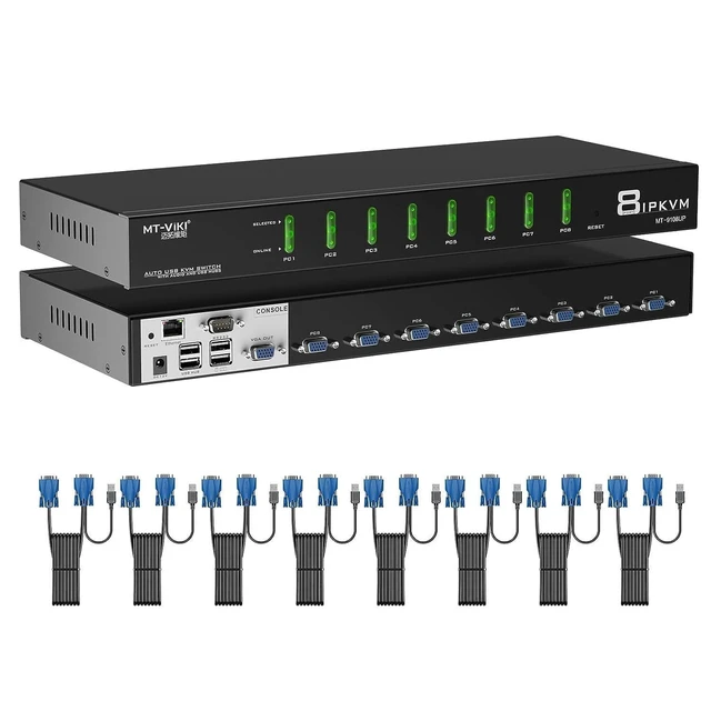 Alt view image 3 of 3 - 8 Port IP KVM Console, Rack Mount KVM Switch Over IP for Remote Access, 1 Local & 1 Remote Access, 8 Cables Included