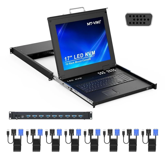 Alt view image 3 of 3 - 17'' Rack Mount KVM Switch VGA 8 Port, Rackmount Monitor KVM Fit 1U 19'' Rack, 600-800mm(23.6~31.8'') Depth, Integrated with Keyboard+Touch pad+Drawer+8 KVM Cables