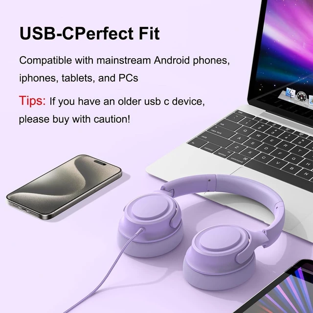 Alt view image 9 of 10 - ADOOPE Wired Over-Ear Headphones with USB C Connector, Hi-Fi Stereo Sound, Noise-Isolating Ear Cups, Comfortable Fit for USB C Devices (with Bag, Purple)