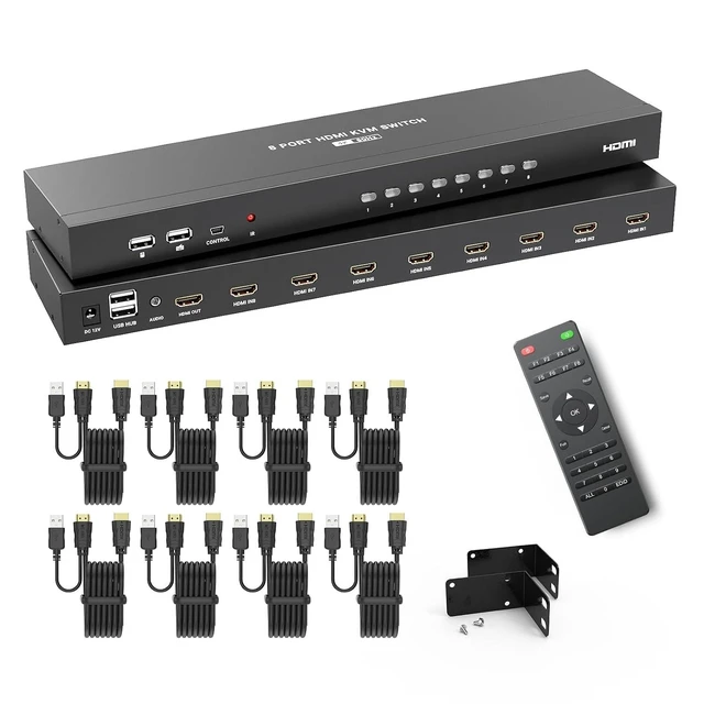 Alt view image 3 of 3 - 4K@60Hz KVM Switch HDMI 8 Port w/8 Cables & 3.5mm Audio, Rack Mount KVM Switch, 4 USB 2.0,HDMI 2.0,HDCP 2.2 for 8 Computers/Servers, Fit 1U 19'' Rack