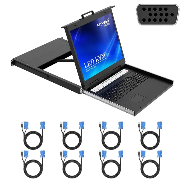 Alt view image 2 of 2 - KVM Rack Console w/19'' LCD Monitor, 8 Port VGA KVM Switch with Keyboard Touchpad Monitor, Fit for 1U 19'' Rack, OSD/Hotkey/Button with 8 KVM Cable